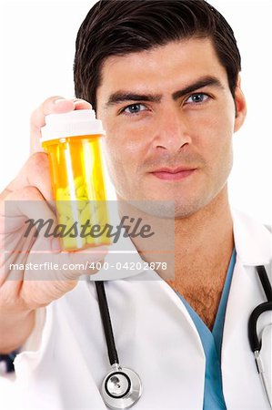 Stock image of doctor holding a bottle of prescription drugs
