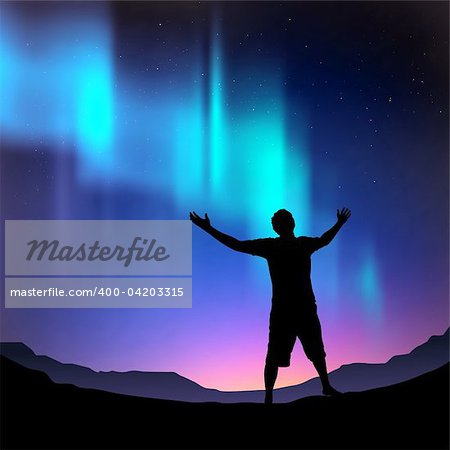 A man reaching outwards, with the northern lights above him. Vector illustration.