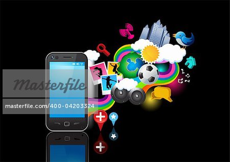 Elements flowing from a mobile phone. Vector illustration. Individual elements grouped.