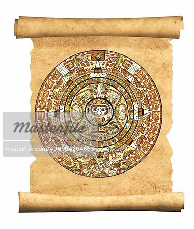 Maya calendar on ancient parchment - over white