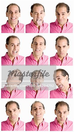 Adult man face expressions composite isolated on white background.