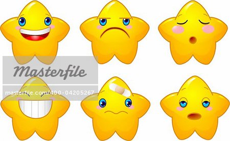 Set of characters of yellow stars with different faces, eyes, mouth and brushes