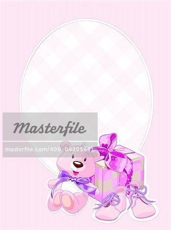 Illustration of gifts for cutest newborn baby girl. Arrival card