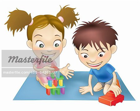 An illustration of two white children playing with toys.