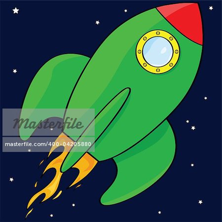 Cartoon illustration of a green rocket ship in space