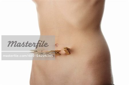 Woman blly with clothespin. Slim or fat