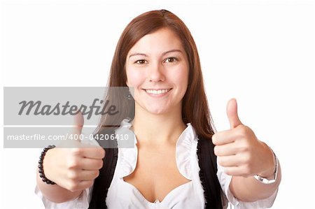 Portrait of Bavarian Woman with dirndl showing thumbs up. Isolated on white background.