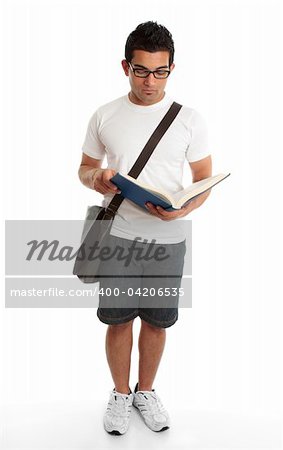 A male student reading from an open book, textbook.  White background.