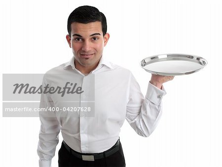 A waiter or bartender, or servant holding a round silver tray and smiling.  White background.