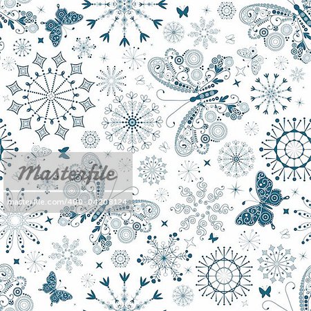 Seamless white christmas pattern with blue snowflakes and butterflies (vector)
