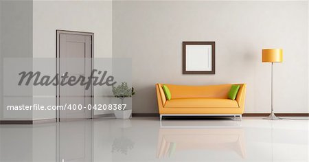 modern living room with orange couch and wooden door - rendering