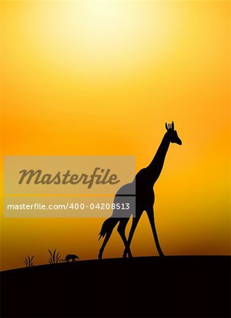 illustration of giraffe silhouette in savanna
