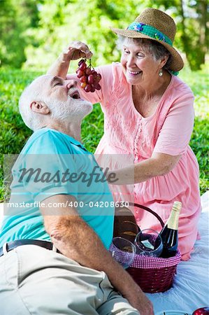 Senior couple on a romantic picnic in the park.  She is feeding him grapes.