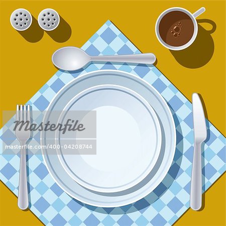 Place setting with plate, fork, spoon and knife