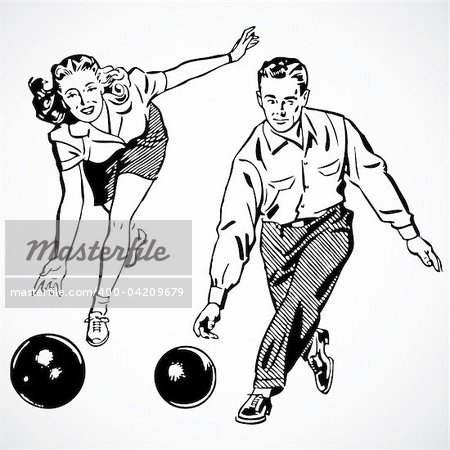 Vintage vector advertising illustrations of couple bowling.