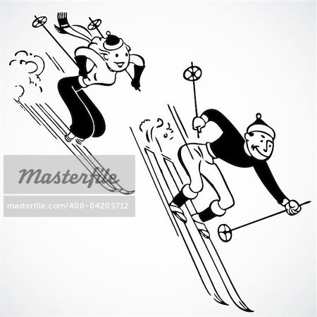 Vintage vector advertising illustrations of skiing.