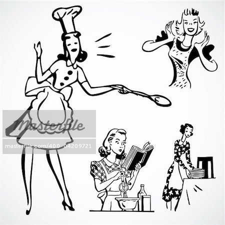 Vintage vector advertising illustrations of women in the kitchen.