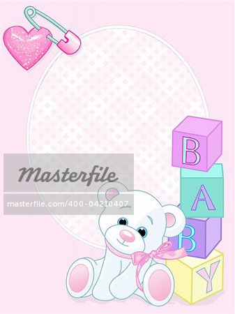 Pink design with Teddy Bear and word "baby" spelled out by blocks. Arrival card
