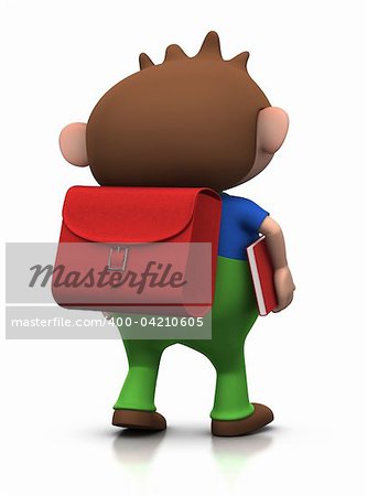 cute brownhaired boy with a satchel on his back and a book under his arm walking to school - 3d rendering/illustration