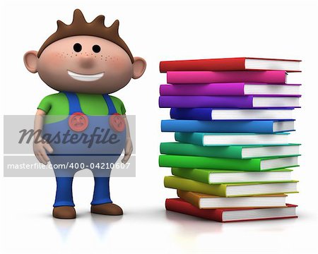 cute brownhaired boy standing beside a big stack of books - 3d rendering/illustration