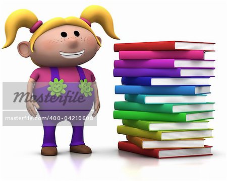 cute blond girl standing beside a big stack of books - 3d rendering/illustration