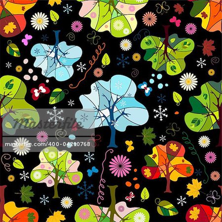 Seamless floral dark pattern with trees, flowers and butterflies (vector)