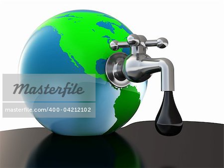 3d illustration of oil faucet in earth globe, over white background