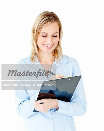 Self-confident businesswoman taking notes on a clipboard against a white background