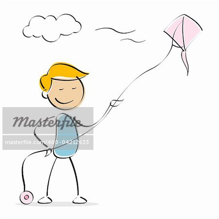 illustration of vector kid flying kite in sky in an isolated background