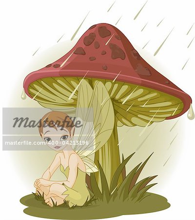 Cute Fairy wearing rain gear under mushroom