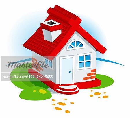 Small Village House with Grass Lawn. Vector Illustration.