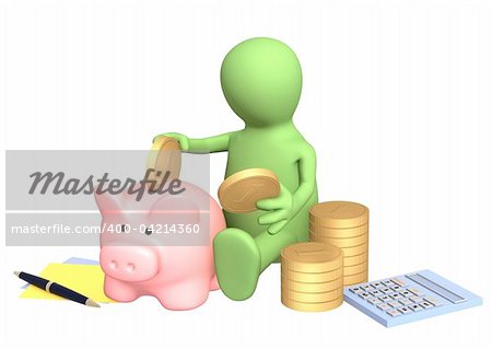 Puppet, piggy bank and calculator. Isolated over white