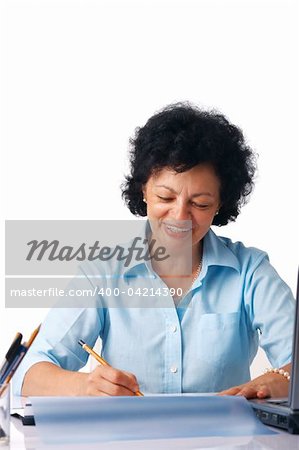 Elder woman writing something with a pencil