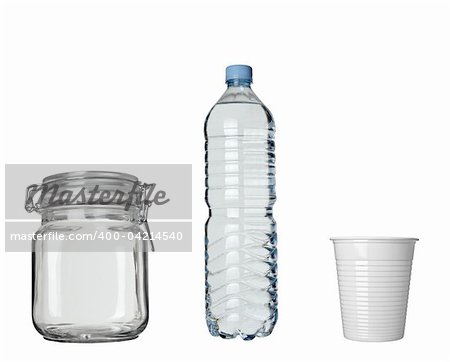 collection of plastic cup, jar and bottle on white background. each one is in full cameras resolution