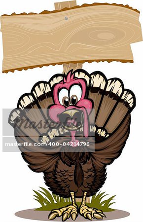 Cheerful turkey standing in front of wooden sign. The background is on separate layers, and the turkey is broken up into layers for easy editing!