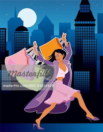 Illustration of a girl with shopping bags, cityscape in the background