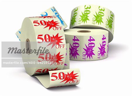 three special offer stickers on a bobbin isolated over a white background