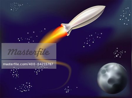 a fun illustration of a rocket flying in space with stars and planet in view