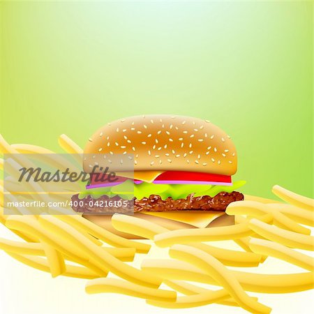 cheeseburger on a bed of fries with soft greeen background