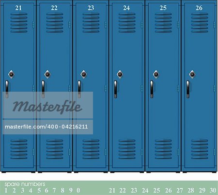Empty blue school lockers with Combination Locks and spare nambers