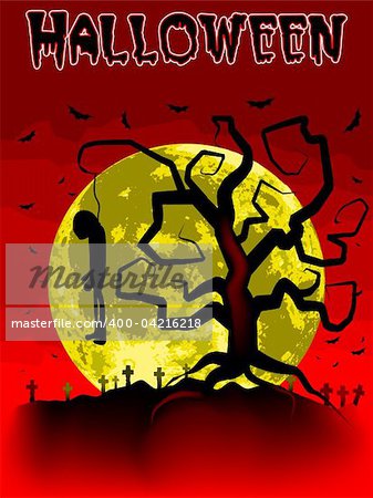 Halloween vector illustration scene, with hung up man, moon and spooky tree.