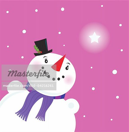 Snowman looking at the snow and christmas star. Vector Illustration.