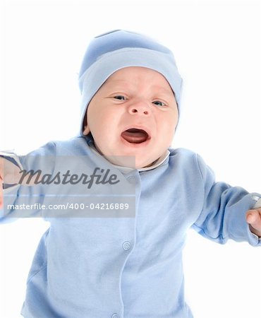 crying baby boy at blue on a white background