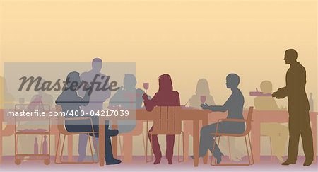 Editable vector scene of people eating in a restaurant