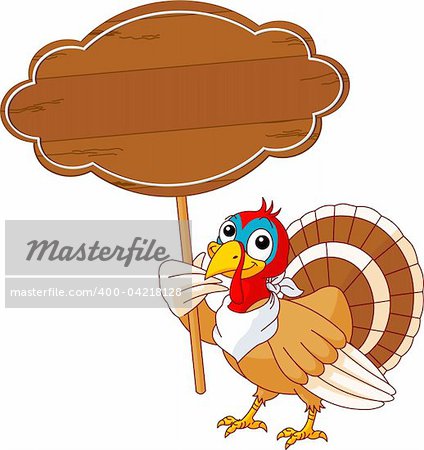 Thanksgiving Turkey holding blank sign . Isolated on a white background.