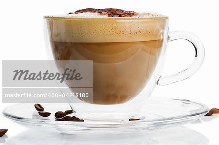 cappuccino in a glass cup with chocolate powder on white background