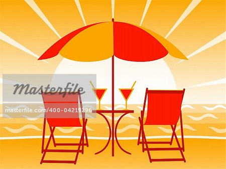 vector deck chairs, drinks and umbrella on the beach in sunset, Adobe Illustrator 8 format