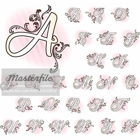 Elegant set of letters inspired by French rococo style. Graphics are grouped and in several layers for easy editing. The file can be scaled to any size.