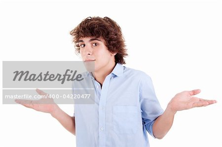 worried young man with open arms, isolated on white, studio shot