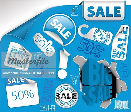 Set of blue discount tickets, labels, stamps, stickers, corners, tags (vector)